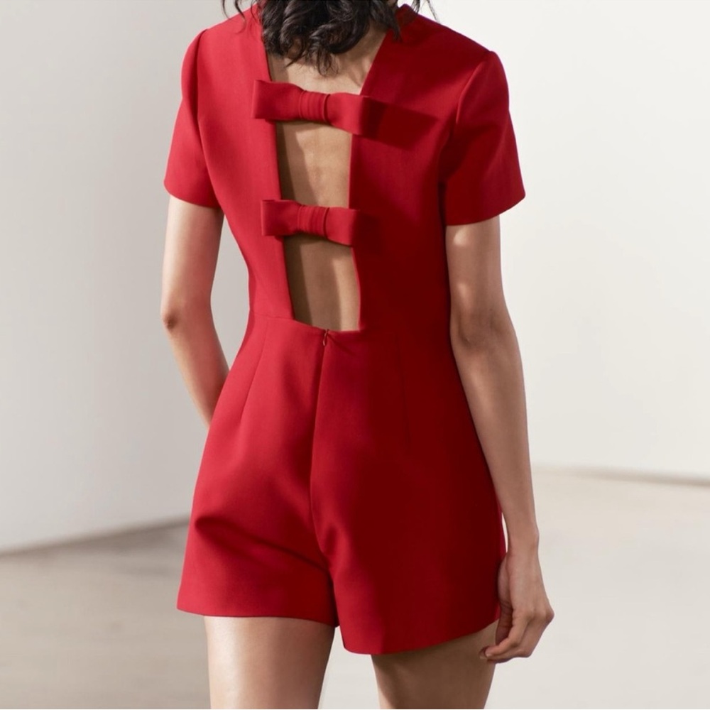 Zara bow trim red jumpsuit